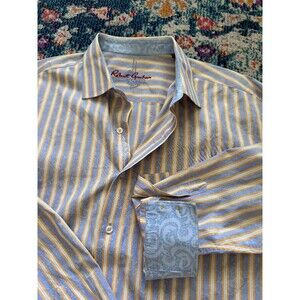 Robert Graham Men's Yellow and Blue Striped Paisley Button Up Shirt Size 2XL‎